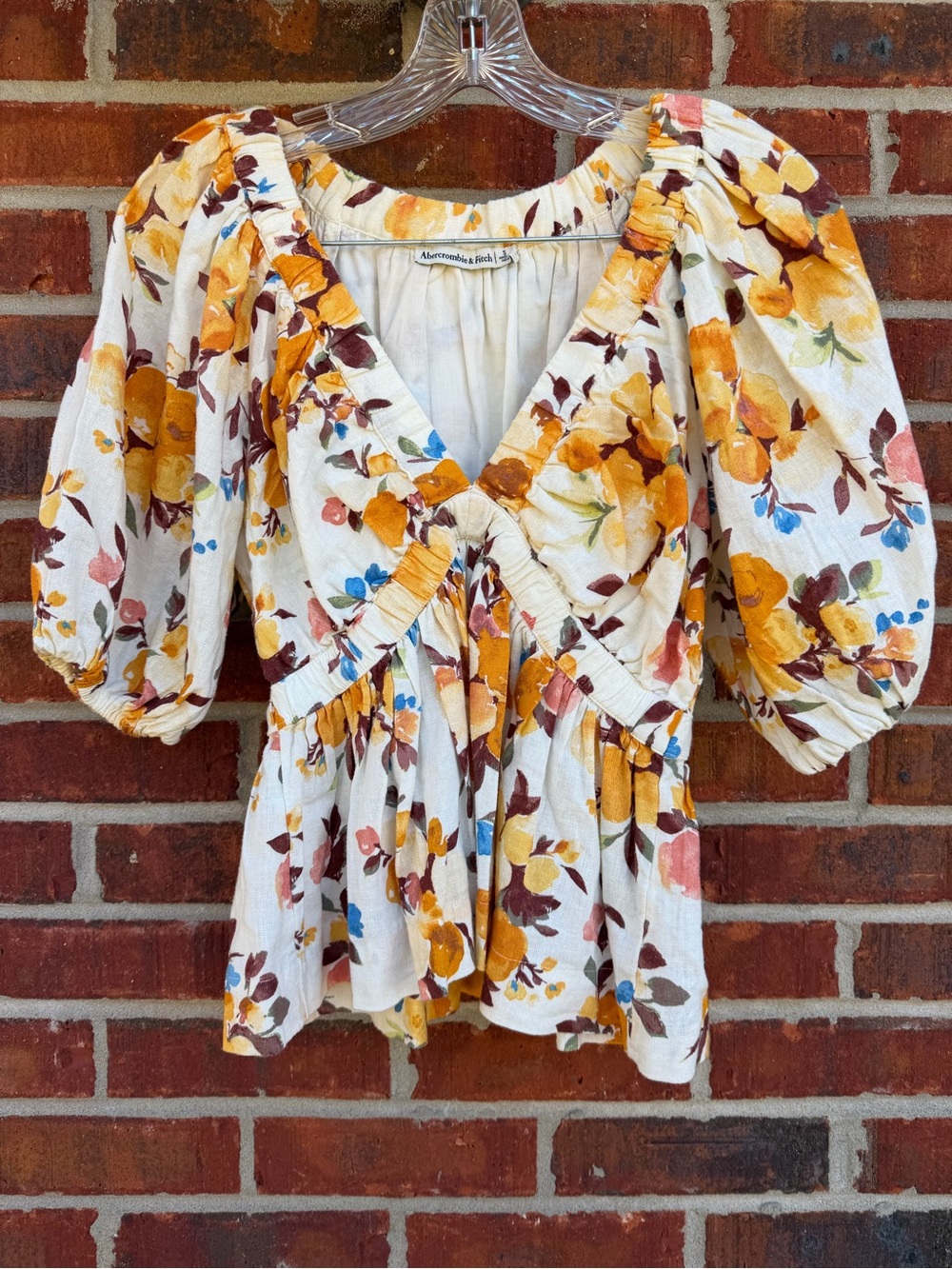 Abercrombie & Fitch White Floral Puff-Sleeve Peplum Blouse